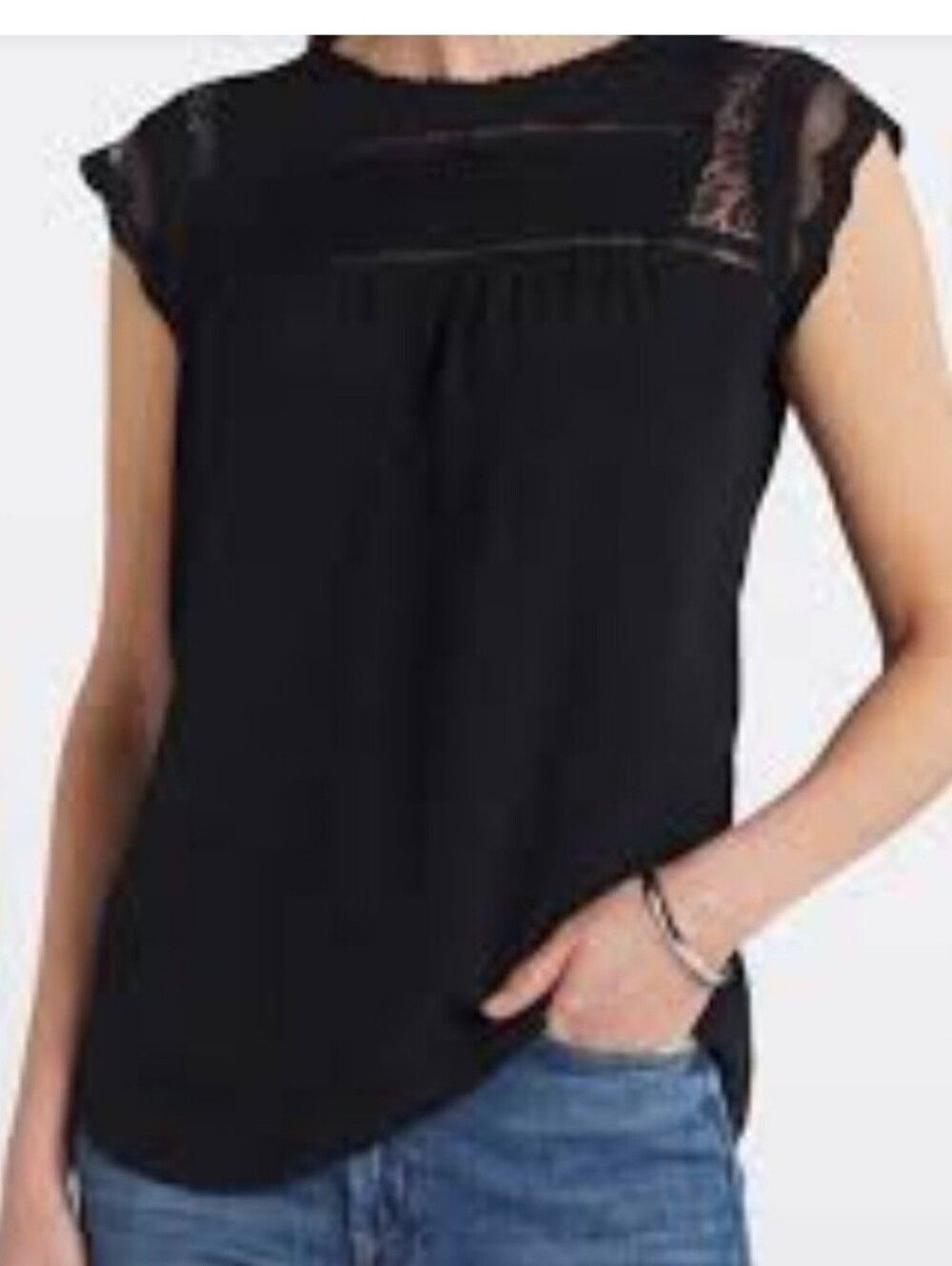 Daniel Rainn Small Top Black Lace Yoke Cap-Sleeve Camisole Top Becru